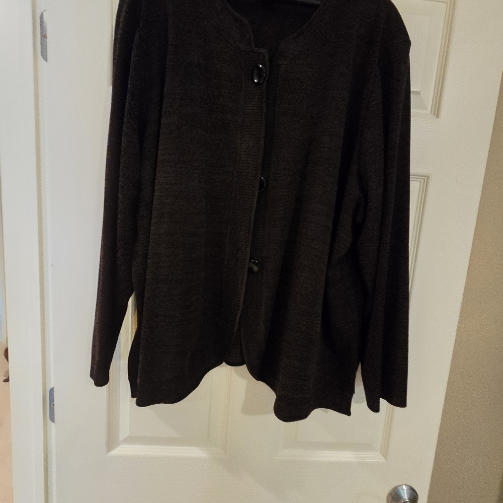 Misook Women's Cardigan 3X Dark Brown Long Sleeved Button Front, Hip Length